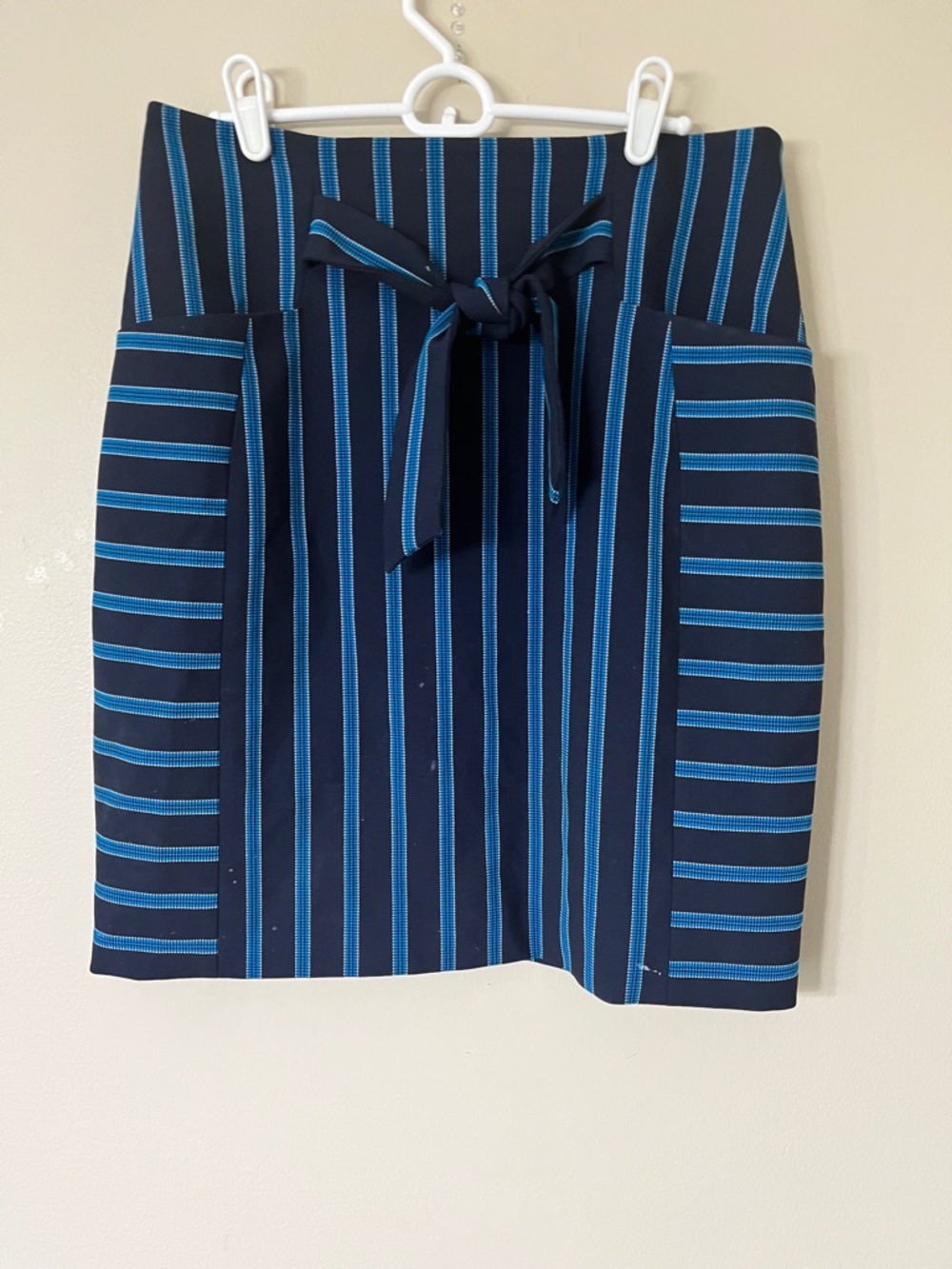 Karen Millen Navy Pencil Skirt with Blue Pinstripes and Tie Waist
